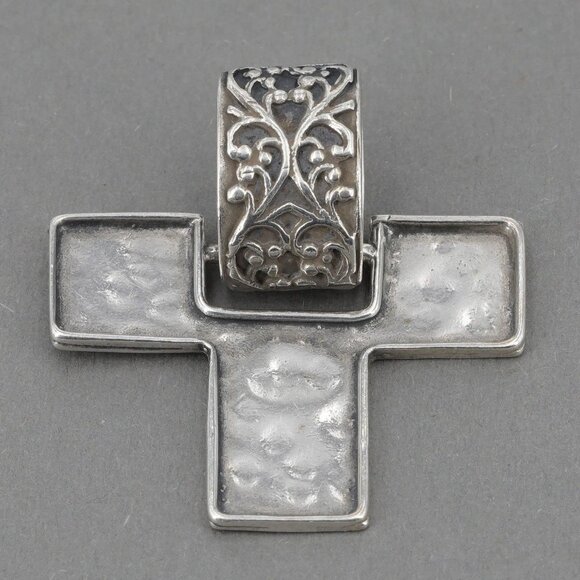 Retired Silpada S1514 Hammered Sterling Silver Cross Pendant Scroll Vine Design - Picture 2 of 6